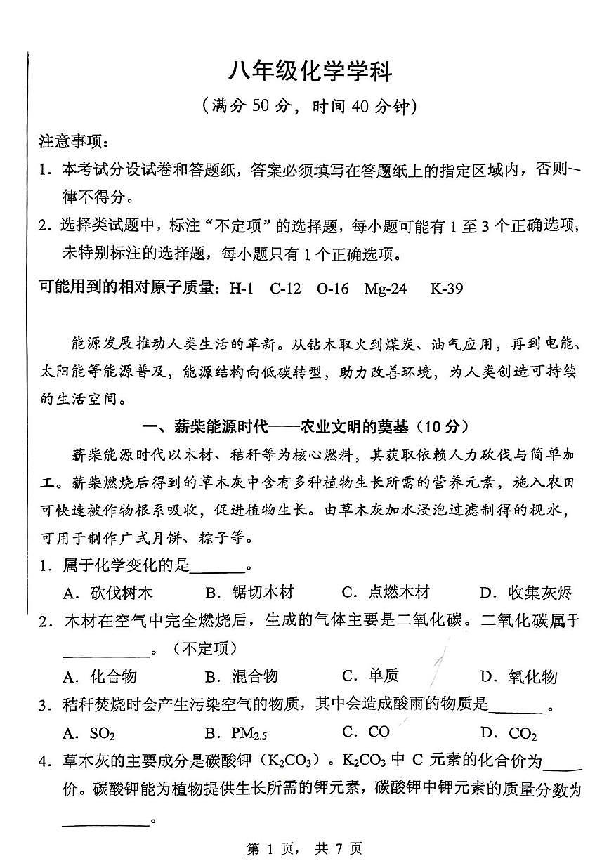 上海市黄浦区2024-2025学年八年级下学期期末模拟考试化学试题(1)第1页
