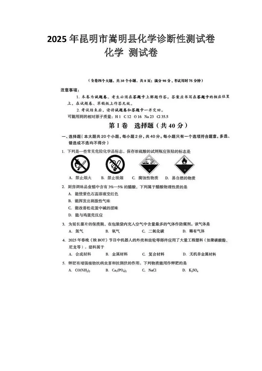 2025年昆明市嵩明县化学诊断性测试卷 2025年昆明市嵩明县化学诊断性测试卷第1页