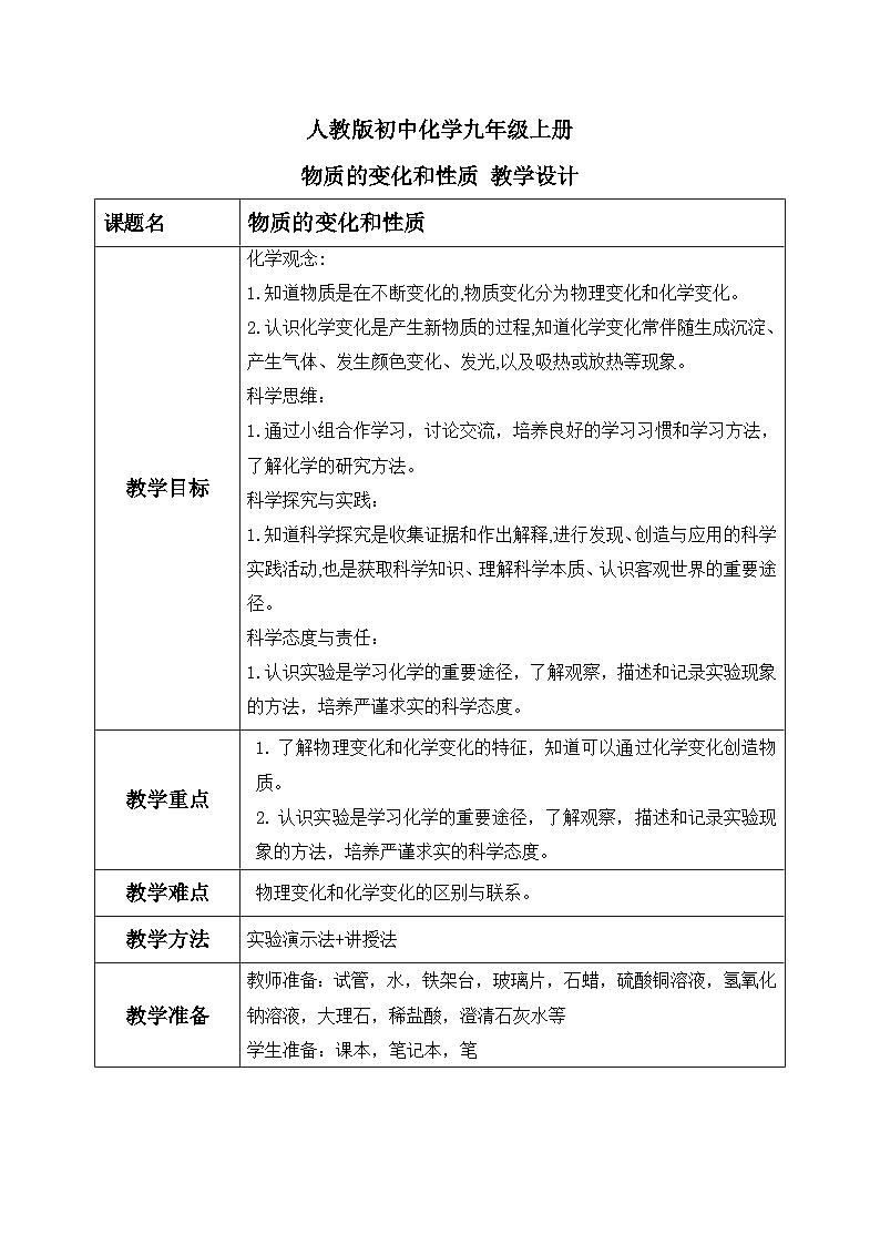 第一单元课题1 物质的变化和性质(1) 教学设计第1页