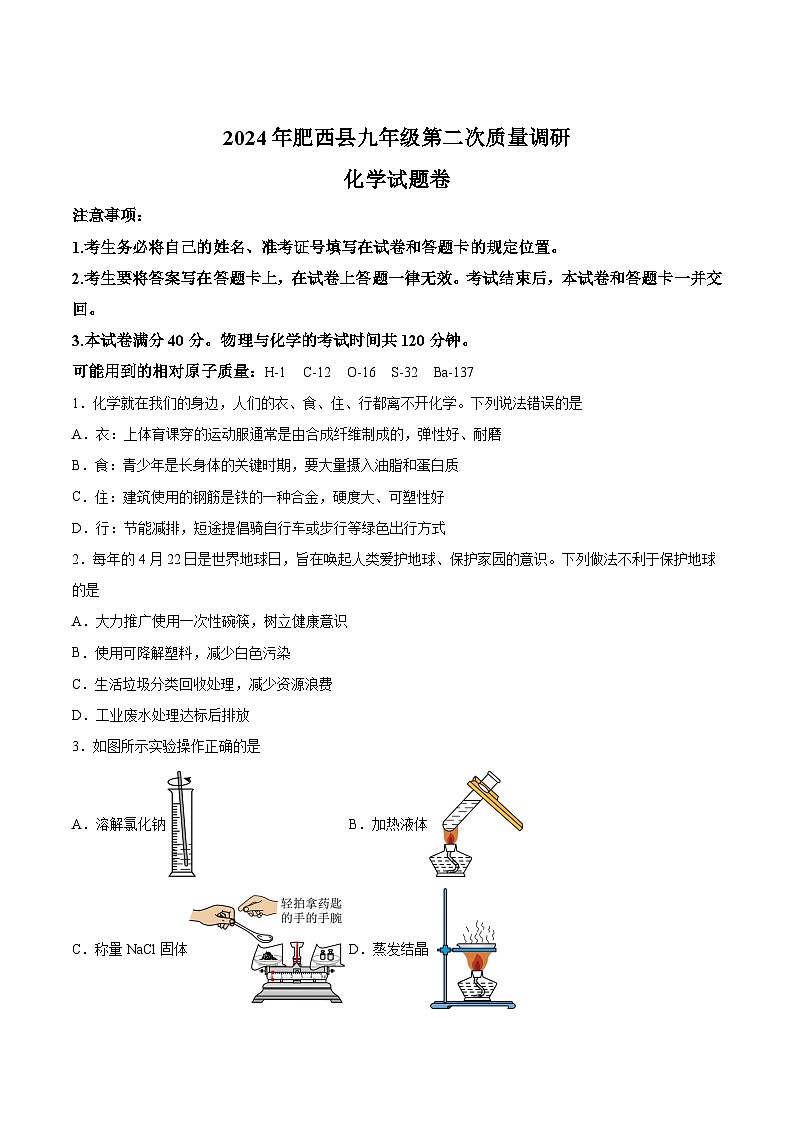 【9化二模】2024年安徽省合肥市肥西县中考二模化学试题第1页