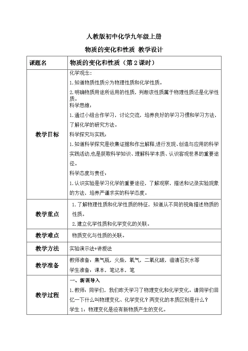 第一单元课题1 物质的变化和性质(2) 教学设计第1页
