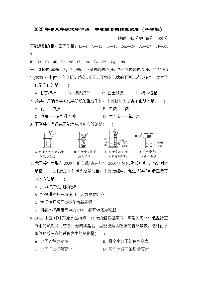 2025年春九年级化学下册 中考综合模拟测试卷(科学版)第1页