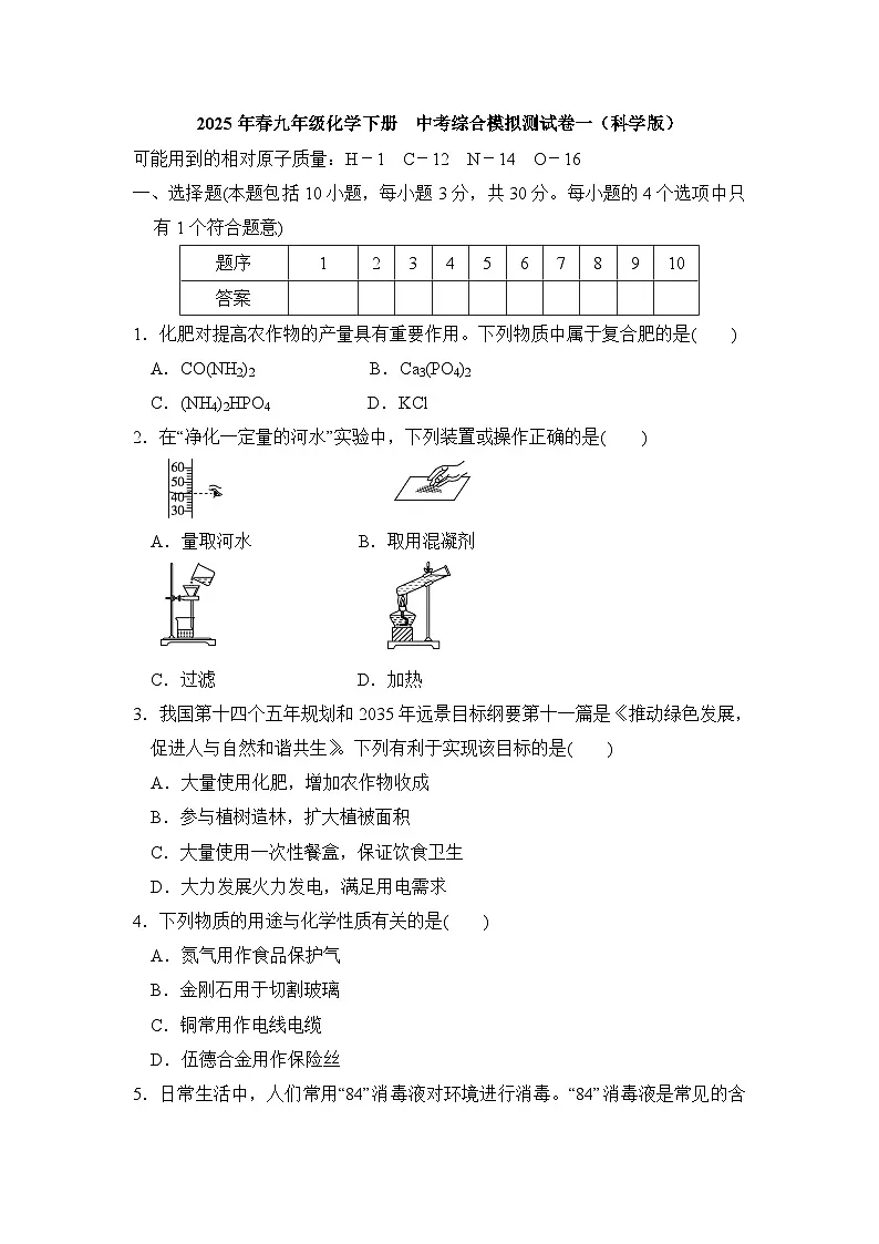 2025年春九年级化学下册 中考综合模拟测试卷一(科学版)第1页