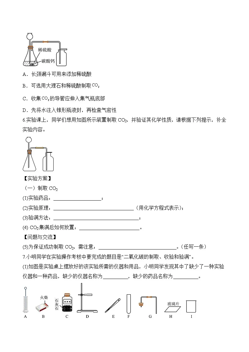 人教版(2024)化学九上 第六单元3.1《二氧化碳的实验室制取》分层练习(原卷)第2页