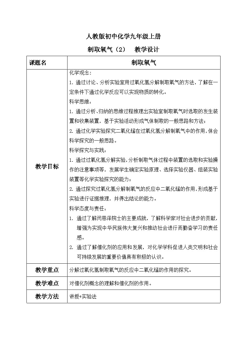 第二單元課題3 制取氧氣(2) 教學(xué)設(shè)計(jì)第1頁(yè)