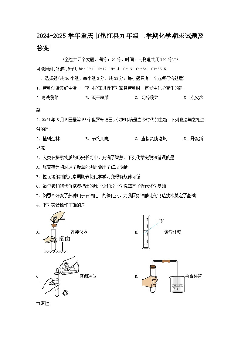 2024-2025学年重庆市垫江县九年级上学期化学期末试题及答案第1页