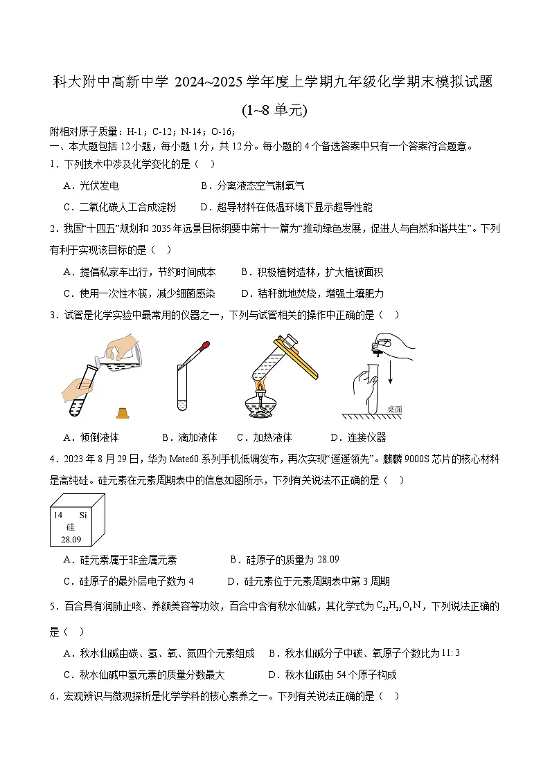 【9化期末】合肥市科大附中高新中学2024~2025学年九年级上学期化学期末模拟试题第1页