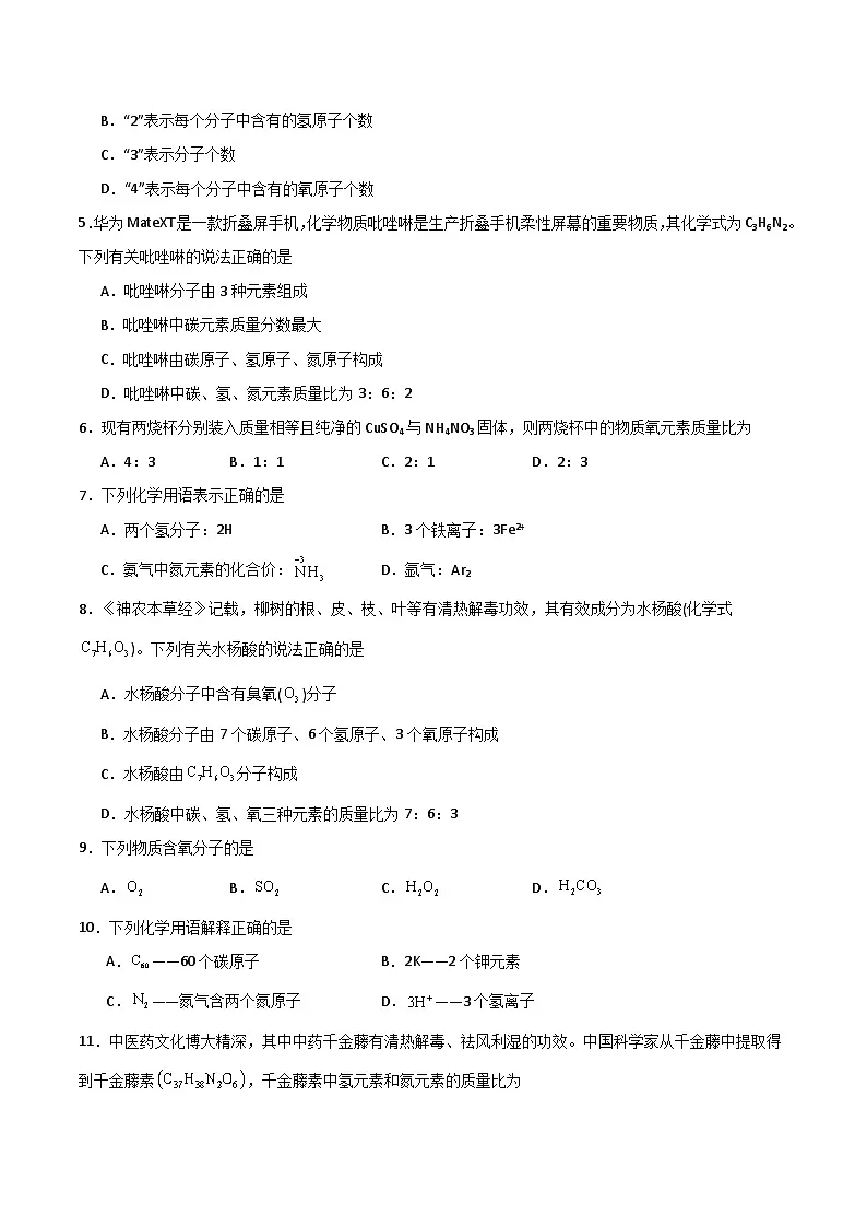北京课改版化学九上4.2《化学式》(分层作业)(原卷版)第2页