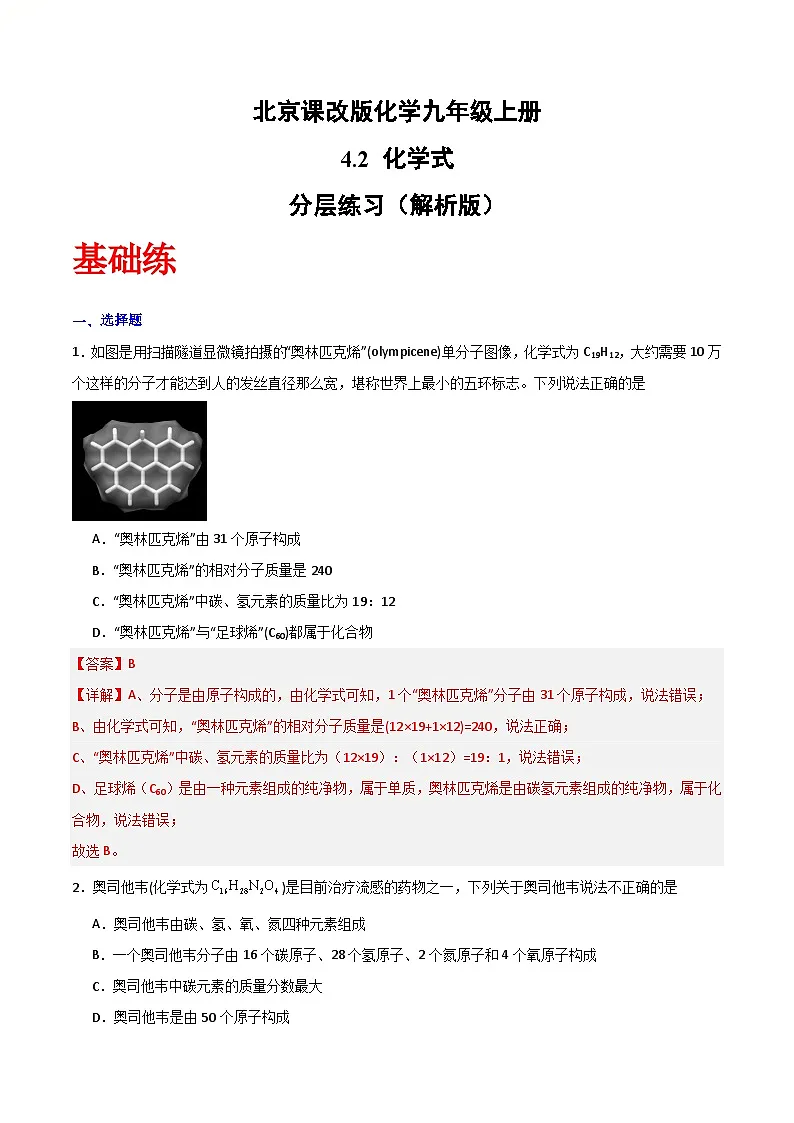 北京课改版化学九上4.2《化学式》(分层作业)(解析版)第1页
