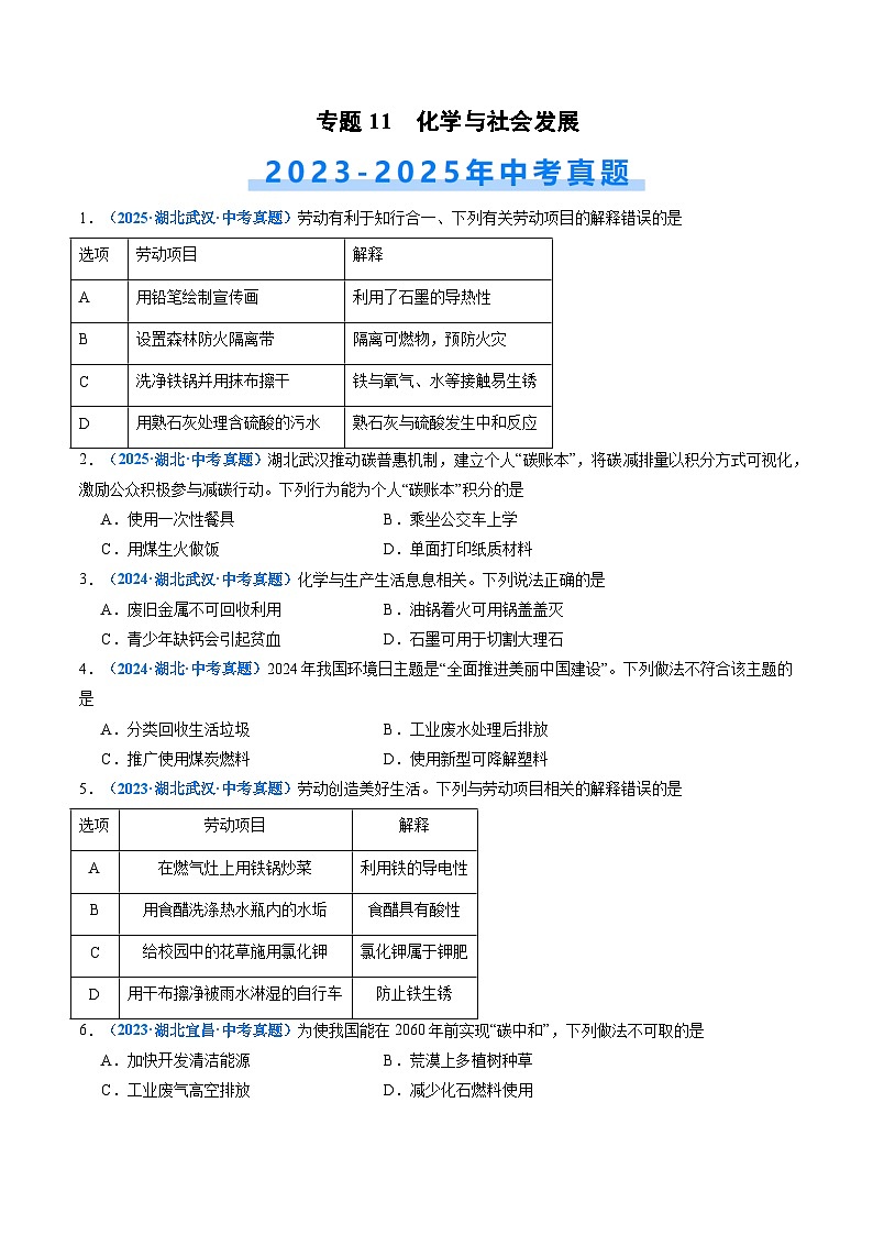 专题11 化学与社会发展(原卷版)【好题汇编】三年(2023-2025)中考化学真题分类汇编 (湖北专用)第1页