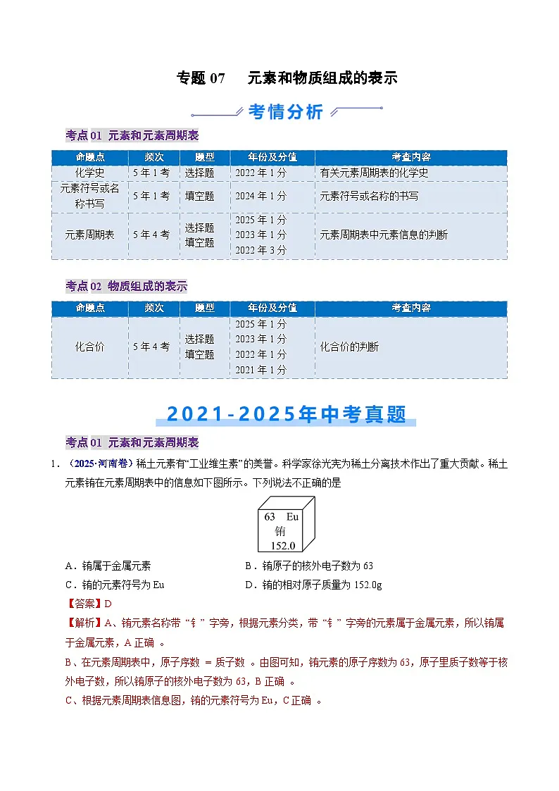 专题07 元素和物质组成的表示(解析版)第1页