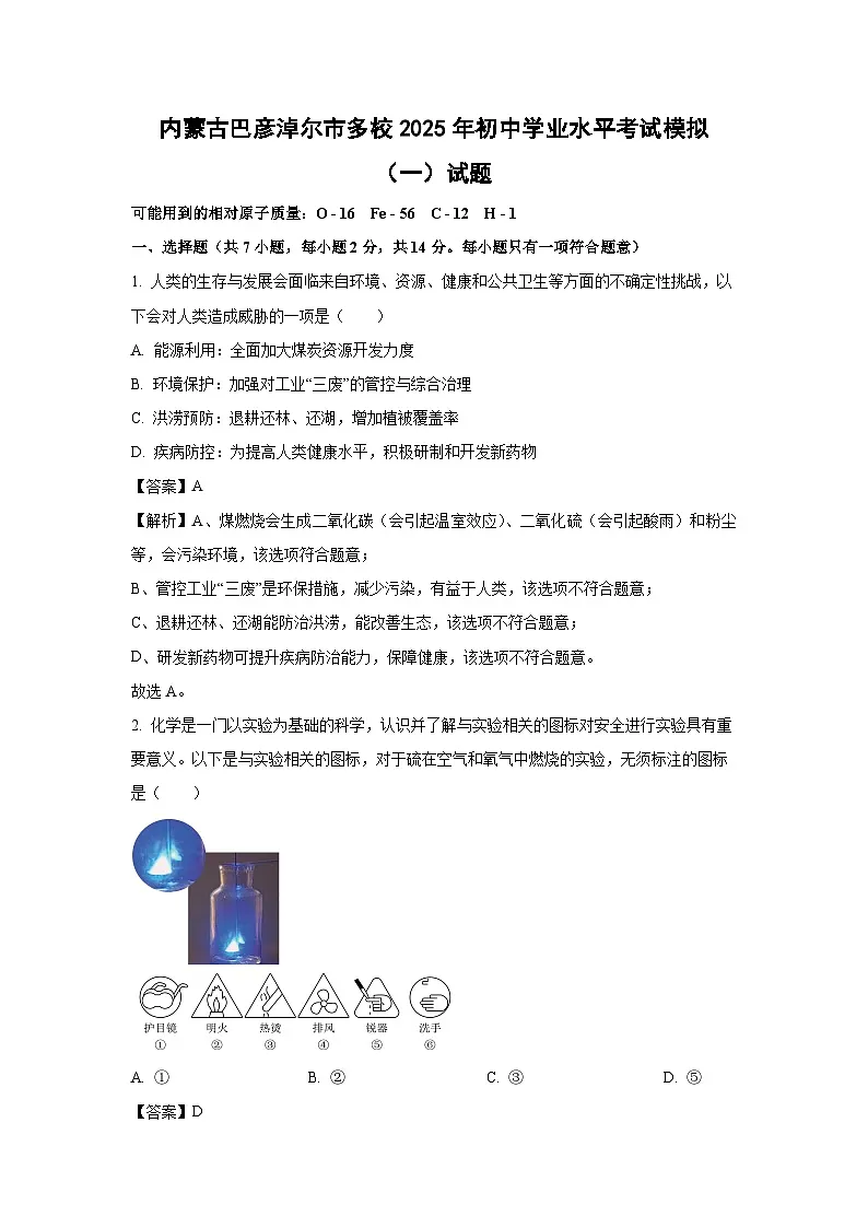 内蒙古巴彦淖尔市多校2025年初中学业水平考试模拟(一)化学试题(解析版)第1页