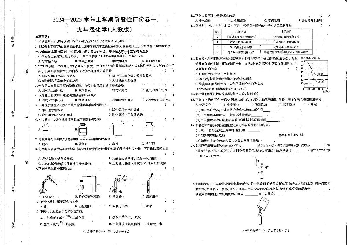 河南省商丘市虞城县2024-2025学年九年级上学期10月月考化学试题第1页