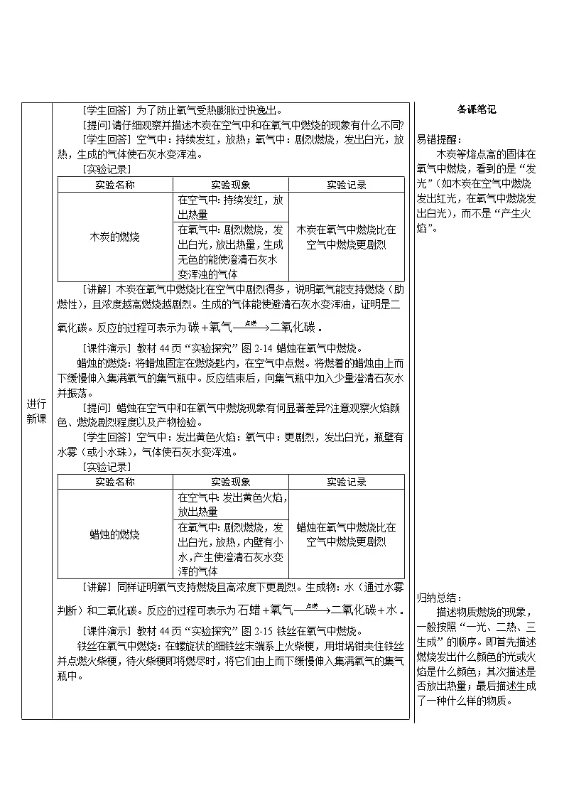 2.2 性质活泼的氧气 (表格式教案)---2025-2026学年九年级化学沪教版(2024)上册第3页