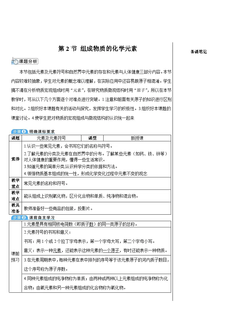 3.2 组成物质的化学元素 (表格式教案)---2025-2026学年九年级化学沪教版(2024)上册第1页