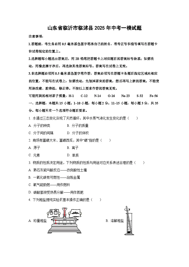 山东省临沂市临沭县2025年中考化学一模试题(学生版)第1页