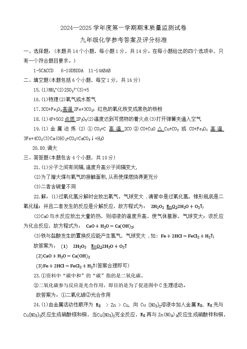 河南省驻马店市正阳县2024-2025学年九年级上学期1月期末化学试题答案第1页