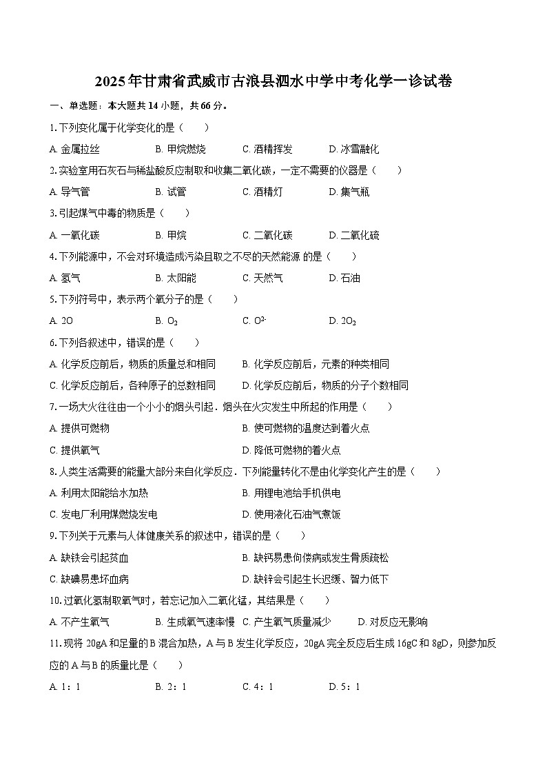2025年甘肃省武威市古浪县泗水中学中考化学一诊试卷-自定义类型第1页