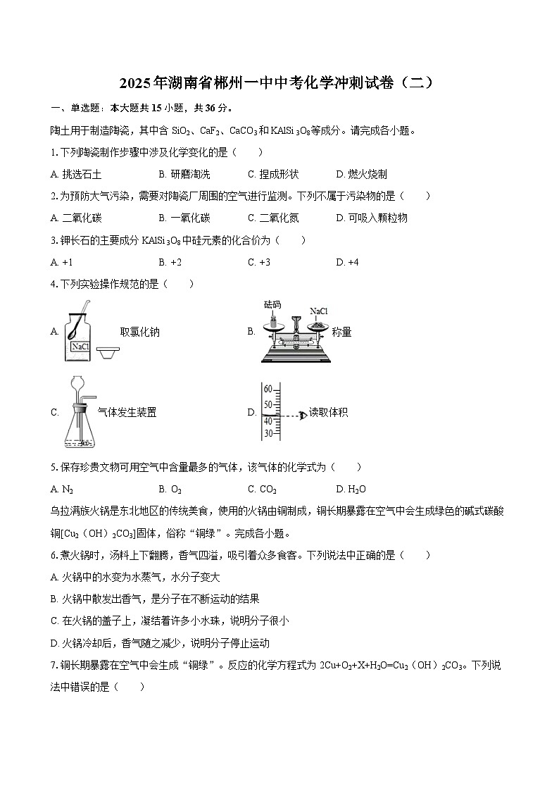 2025年湖南省郴州一中中考化学冲刺试卷(二)-自定义类型第1页