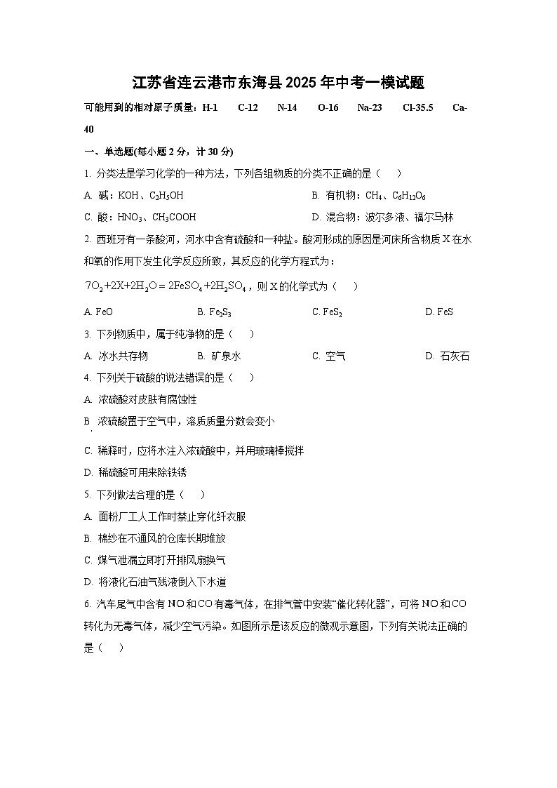 江苏省连云港市东海县2025年中考一模化学试题(学生版)第1页