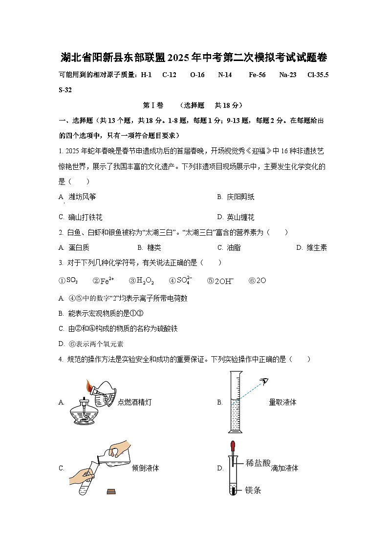 湖北省阳新县东部联盟2025年中考第二次模拟考化学试卷(学生版)第1页