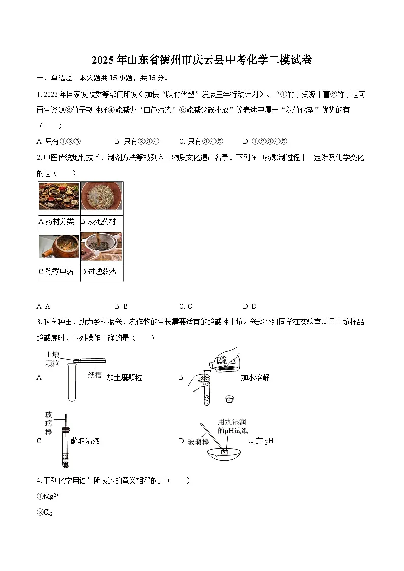 2025年山东省德州市庆云县中考化学二模试卷-自定义类型第1页