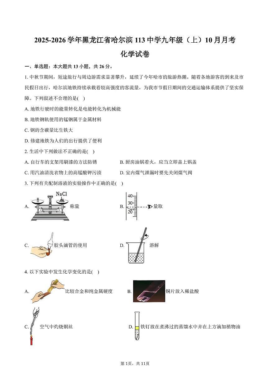 2025-2026学年黑龙江省哈尔滨113中学九年级(上)月考化学试卷(10月份)(含答案)第1页