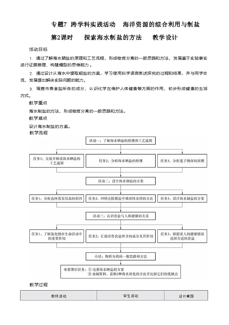 专题7 跨学科实践活动 海洋资源的综合利用与制盐 第二课时 教学设计-2025-2026学年九年级全一册《化学》(五·四学制)(沪科版)第1页