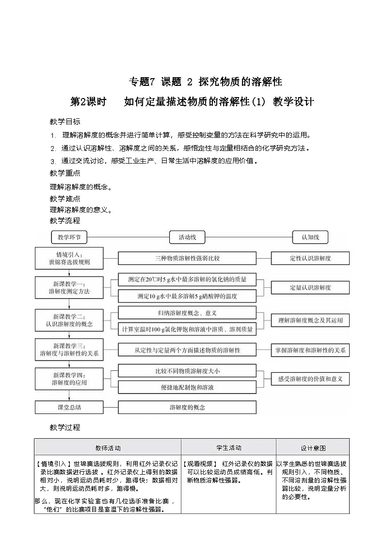 专题7 课题2 探究物质的溶解性 第二课时 教学设计-2025-2026学年九年级全一册《化学》(五·四学制)(沪科版)第1页