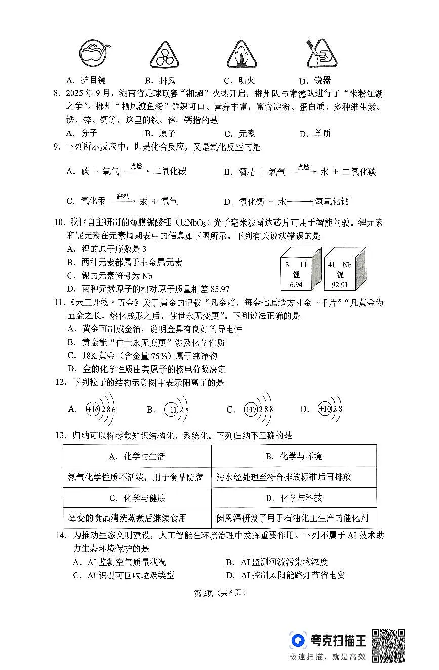 湖南省郴州市北湖区2025-2026学年九年级上学期期中学业水平调研化学试卷第2页