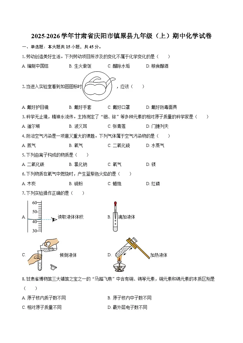 2025-2026学年甘肃省庆阳市镇原县九年级(上)期中化学试卷-自定义类型第1页
