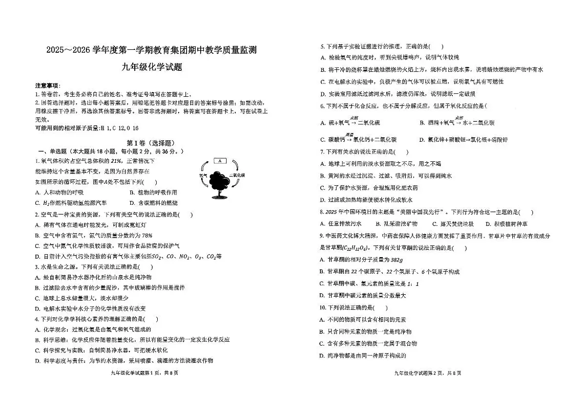 山东省滨州市博兴县2025-2026学年九年级上学期11月期中考试化学试题第1页