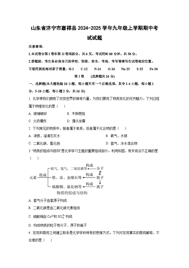 山东省济宁市嘉祥县2024-2025学年九年级上学期期中考试化学试卷(学生版)第1页
