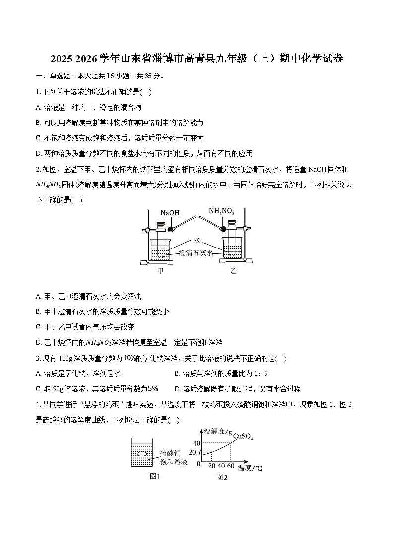2025-2026学年山东省淄博市高青县九年级(上)期中化学试卷第1页