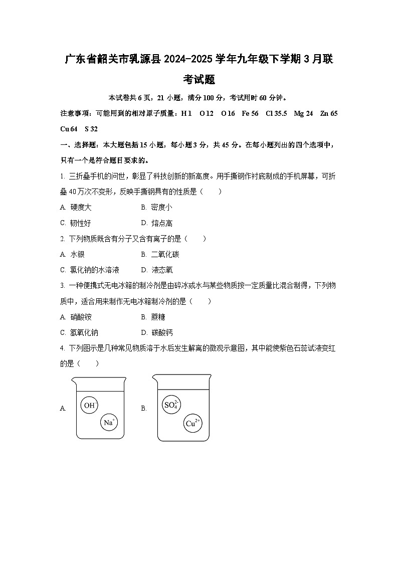 广东省韶关市乳源县2024-2025学年九年级下学期3月联考化学试题(学生版)第1页