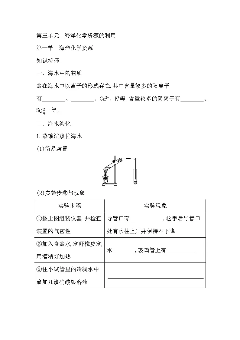 第三单元海洋化学资源的利用 知识清单(含答案)初中化学鲁教版(五四制)(2024)九年级全一册第1页