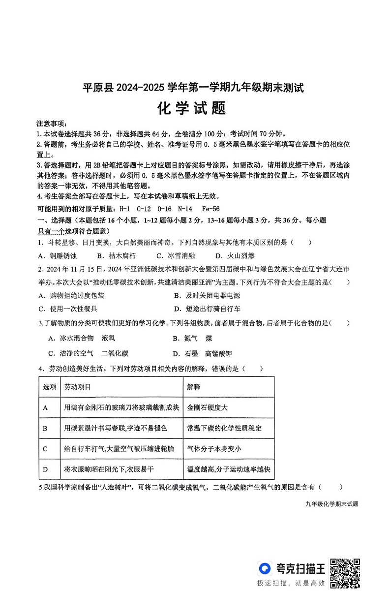 山东省德州市平原县2024-2025学年九年级上学期1月期末考试化学试题第1页