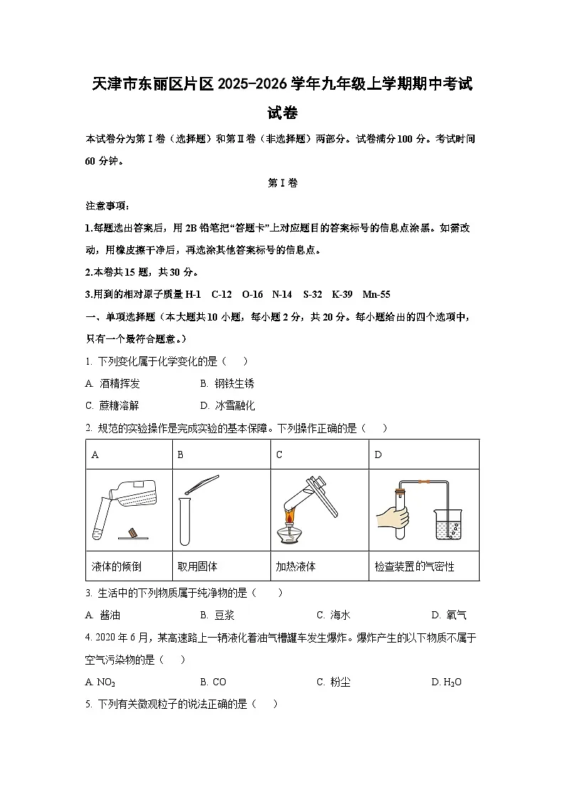 天津市东丽区片区2025-2026学年九年级上学期期中考试化学试卷(学生版)第1页