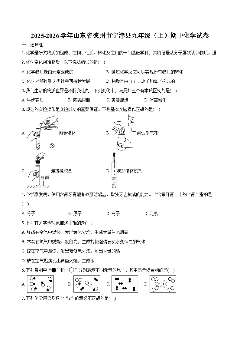2025-2026学年山东省德州市宁津县九年级(上)期中化学试卷(含答案)第1页
