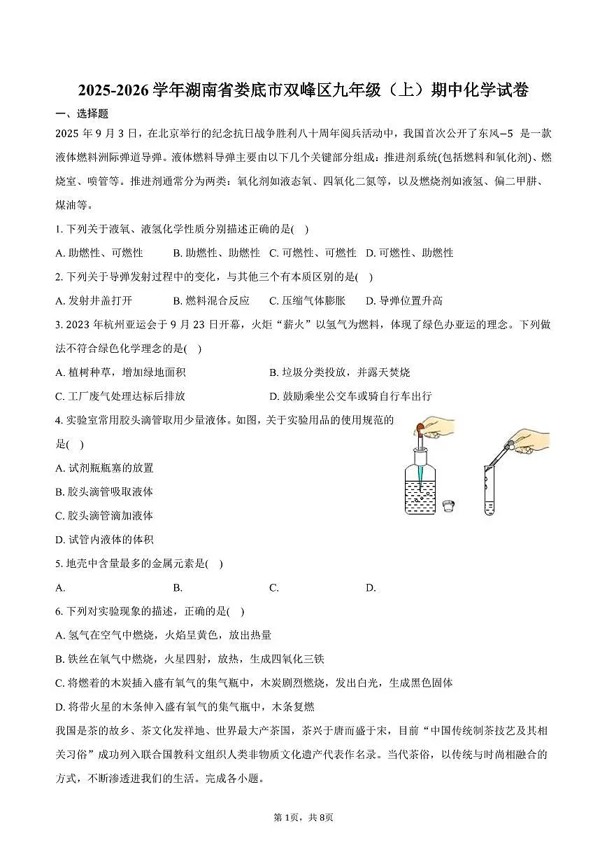 2025-2026学年湖南省娄底市双峰区九年级(上)期中化学试卷(含答案)第1页