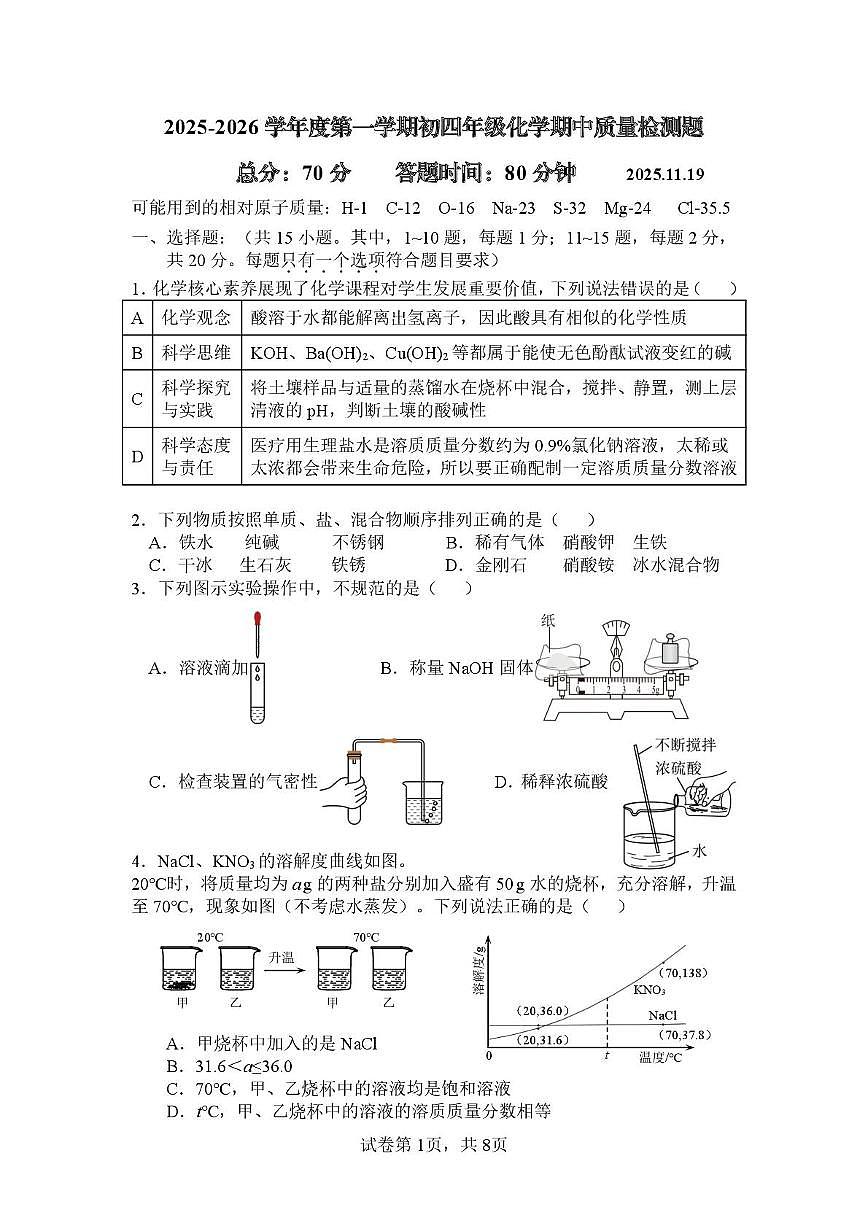 山东省威海市荣成市2025-2026学年九年级上学期期中质量检测化学试题第1页