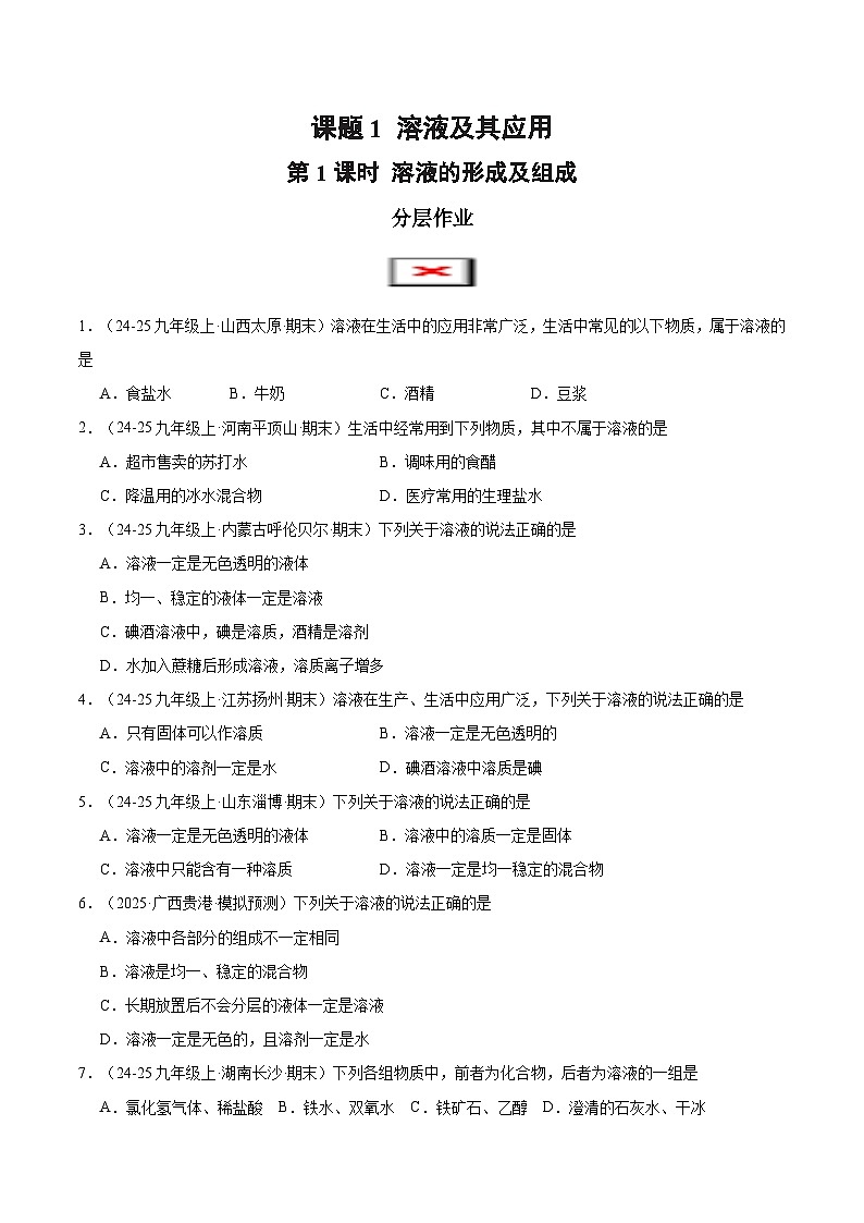 9.1 溶液及其应用 第1课时(分层作业)(原卷版)第1页