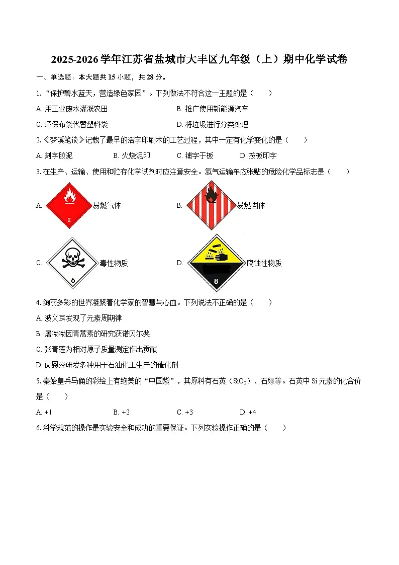 2025-2026学年江苏省盐城市大丰区九年级(上)期中化学试卷-自定义类型第1页