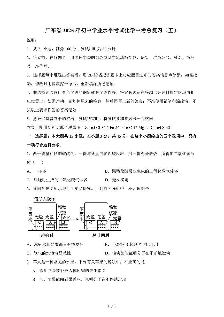 广东省2025年初中学业水平考试化学中考总复习(五)(含答案)第1页