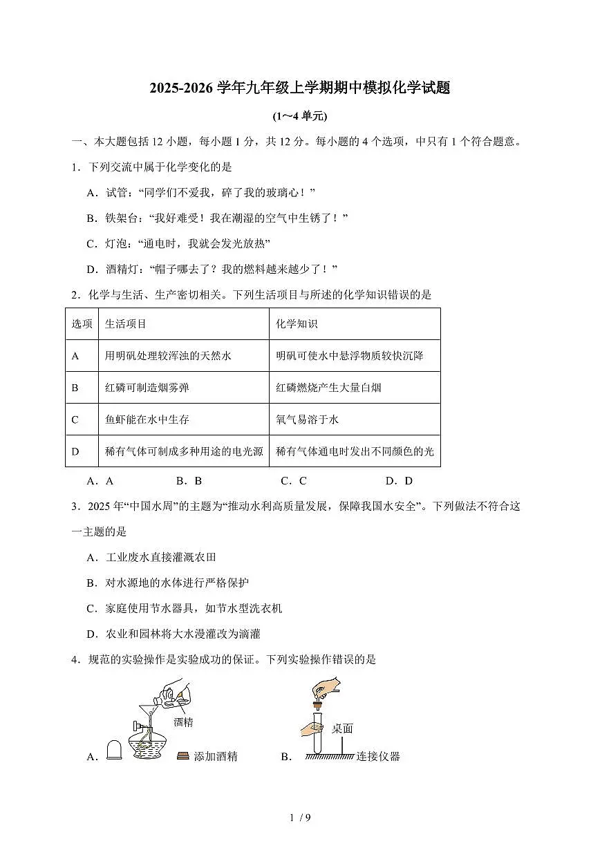 安徽省合肥市第四十二中学中铁国际城校区2025~2026学年九年级上学期期中模拟化学试卷(含答案)第1页