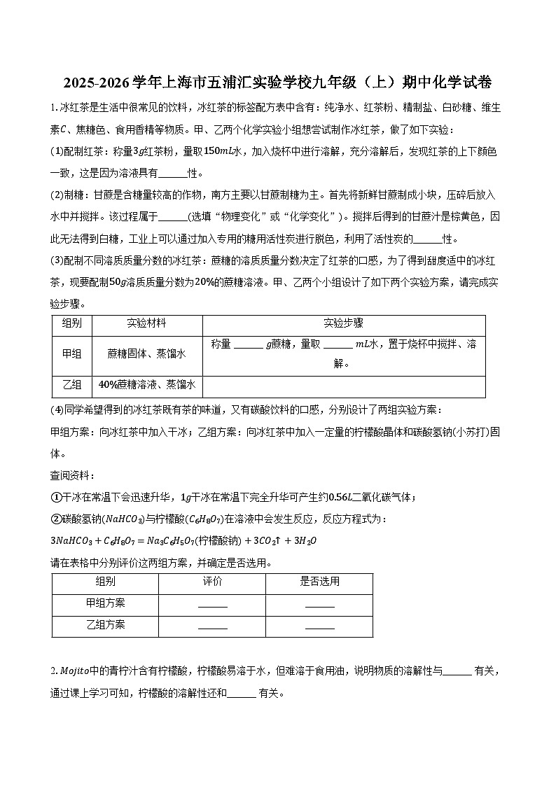 2025-2026学年上海市五浦汇实验学校九年级(上)期中化学试卷(含答案)第1页