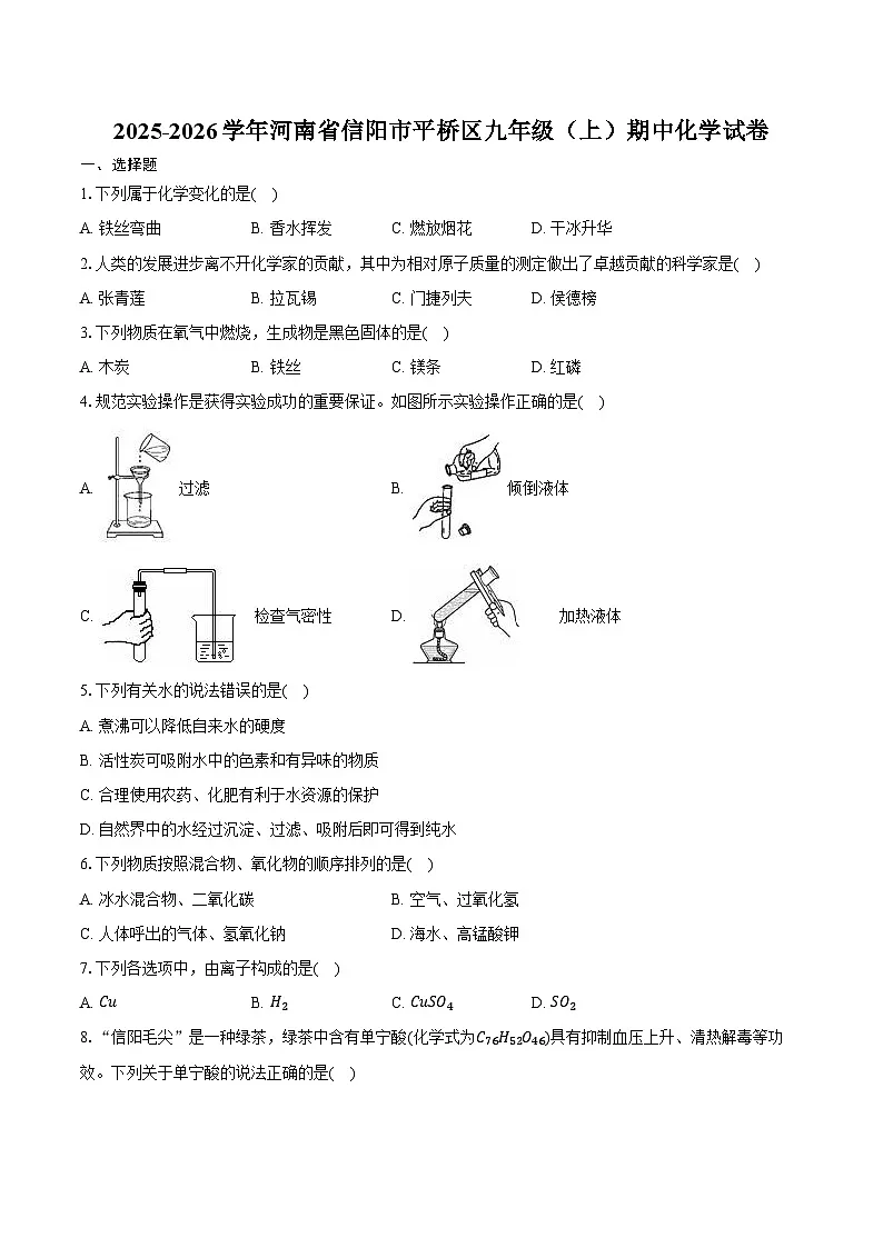 2025-2026学年河南省信阳市平桥区九年级(上)期中化学试卷(含答案)第1页