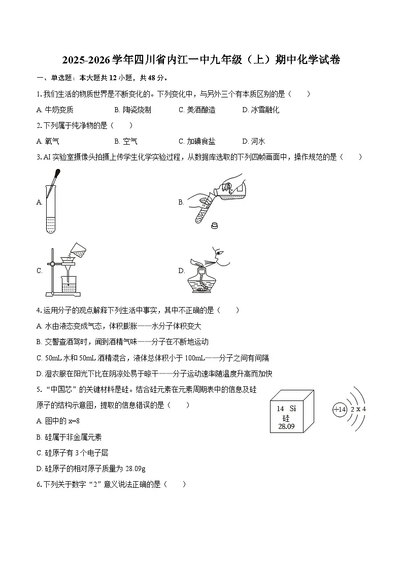 2025-2026学年四川省内江一中九年级(上)期中化学试卷-自定义类型第1页