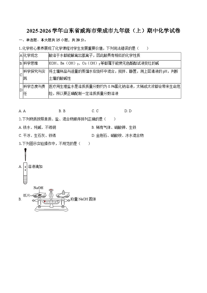 2025-2026学年山东省威海市荣成市九年级(上)期中化学试卷-自定义类型第1页