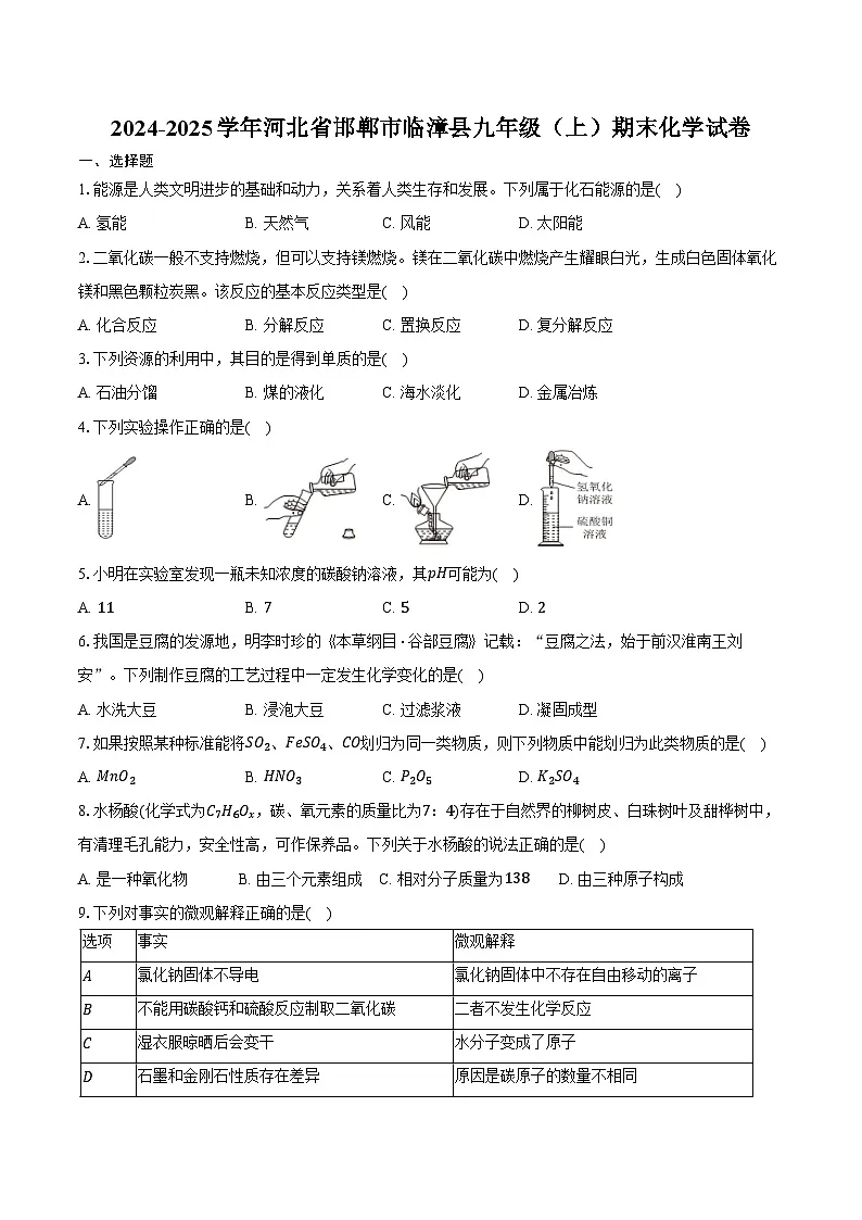 2024-2025学年河北省邯郸市临漳县九年级(上)期末化学试卷(含答案)第1页